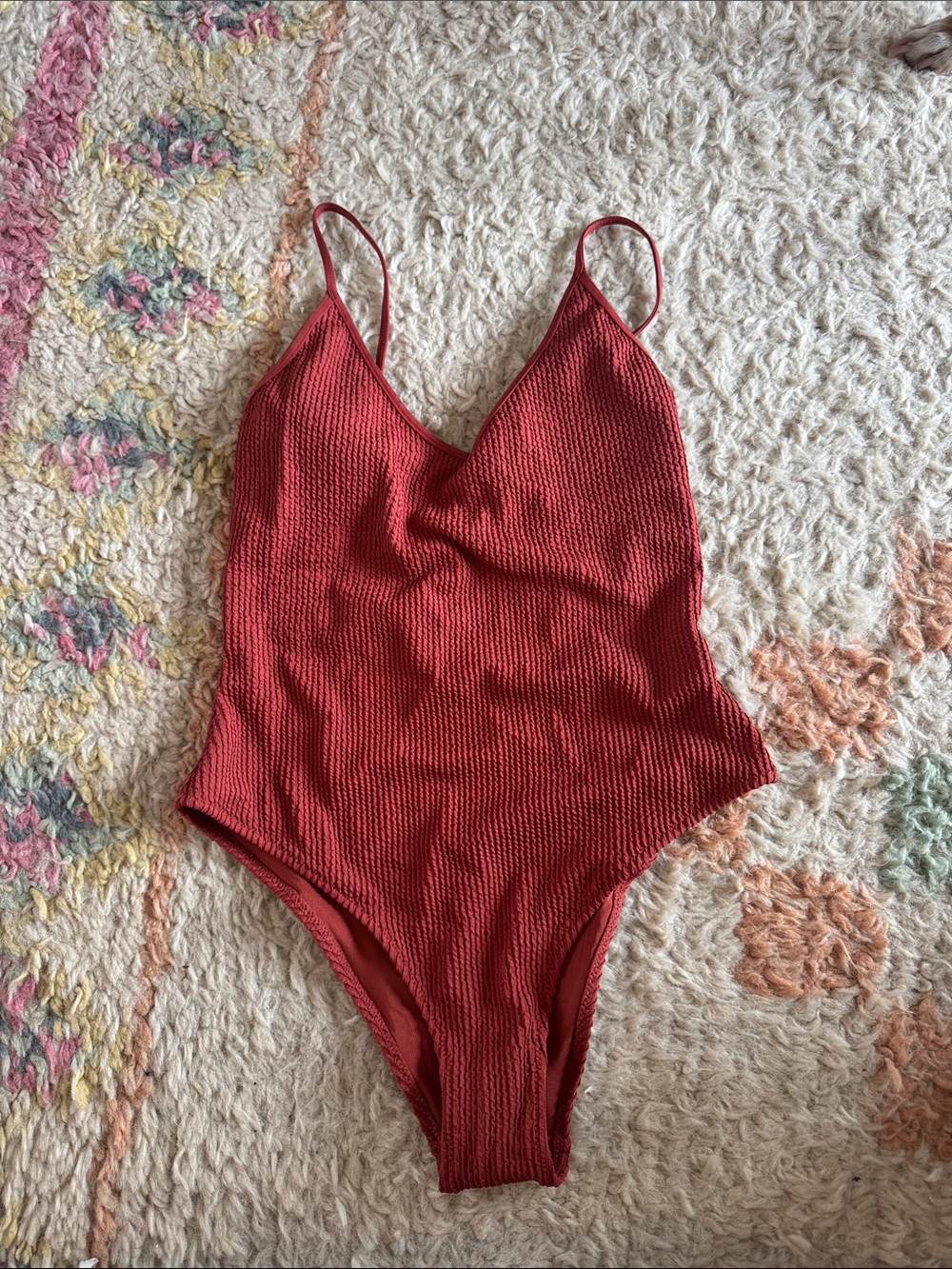 H&M Ribbed One-Piece Swimsuit in Brick Red